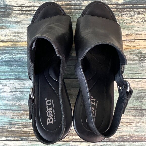 Born Womens Size 9M Slingback Sandals Black Leather Wedge Heel Open Toe Buckle - Picture 5 of 11